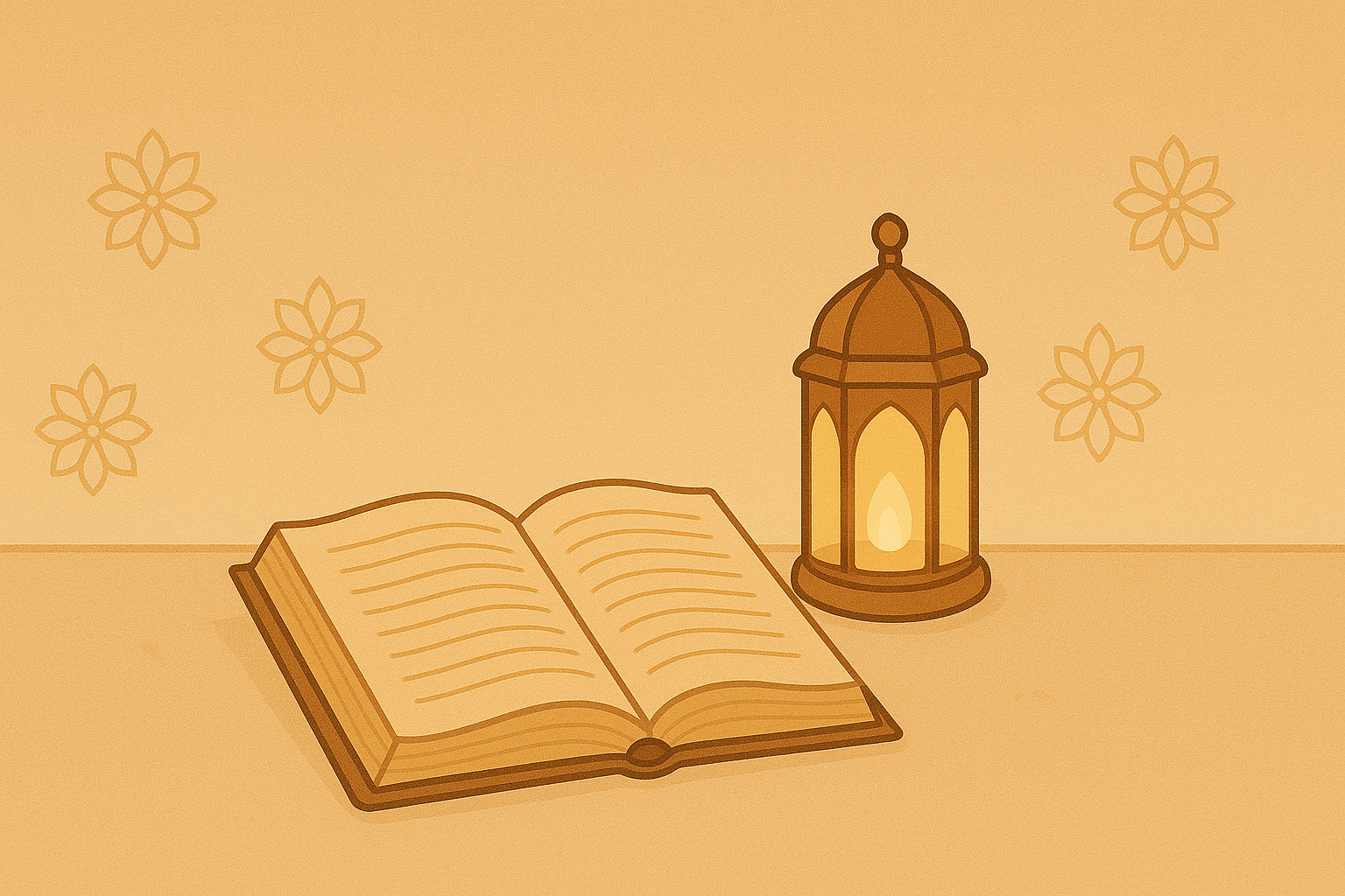 Cartoon illustration of an open Quran beside a glowing lantern on a warm golden background with floral Islamic patterns. Peaceful Islamic study scene symbolizing faith, learning, and reflection for Muslim families.