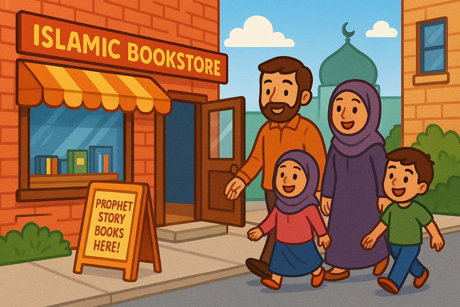 Happy Muslim family walking toward an Islamic bookstore with a sign for Prophet story books.