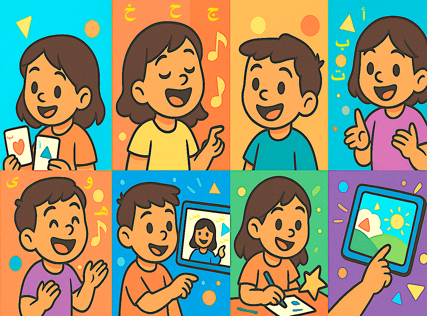 Kids learning Arabic through songs, flashcards, drawing, and interactive apps in a fun, colorful environment.