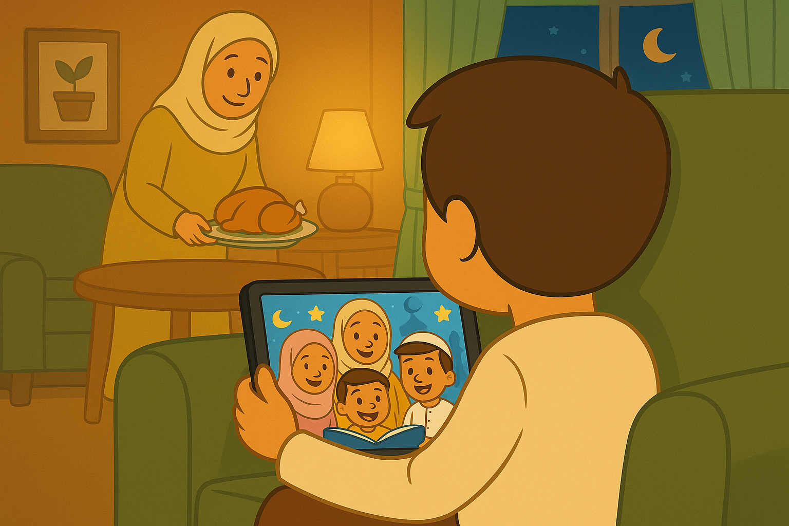 Cartoon illustration of a young Muslim boy sitting on a couch at night, holding a tablet showing his family reading together. In the background, his mother in a hijab carries a plate of food, with a crescent moon visible through the window, symbolizing warmth, family connection, and faith.