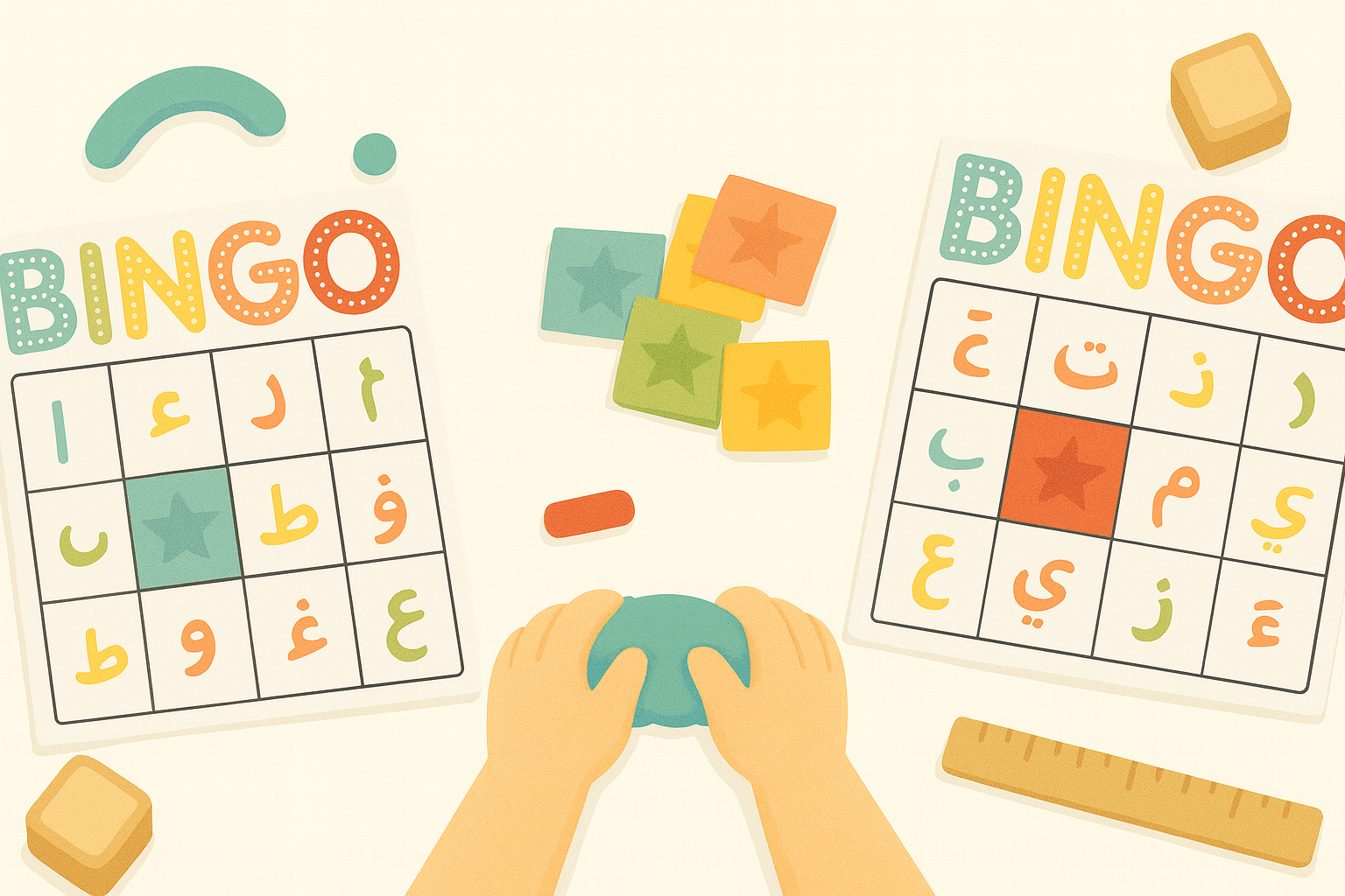 Arabic alphabet games for kids featuring bingo cards, matching activities, and hands-on learning with colorful educational materials
