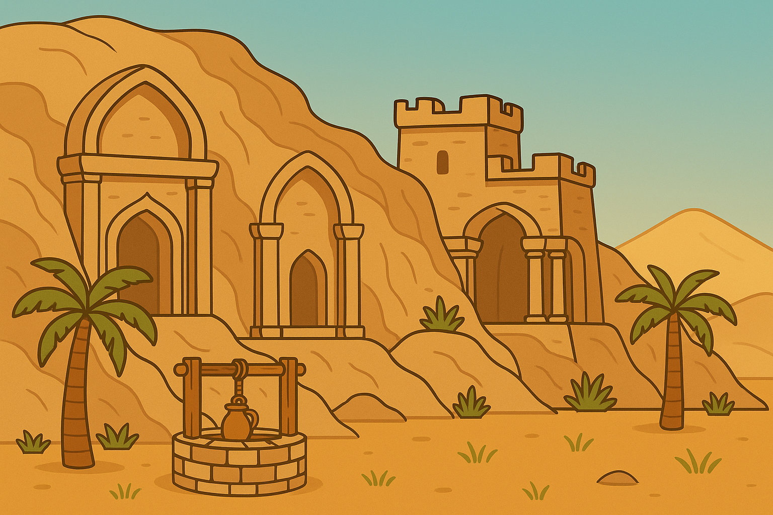 Illustration of ornate stone structures carved into a mountain, surrounded by palm trees and a water well in a sandy desert landscape under a clear blue sky
