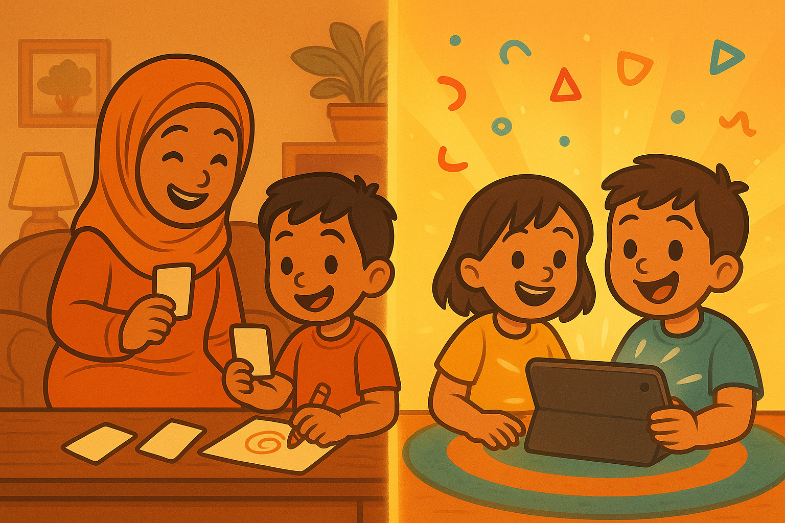 Children learning Arabic at home and online through flashcards, writing, and interactive apps.