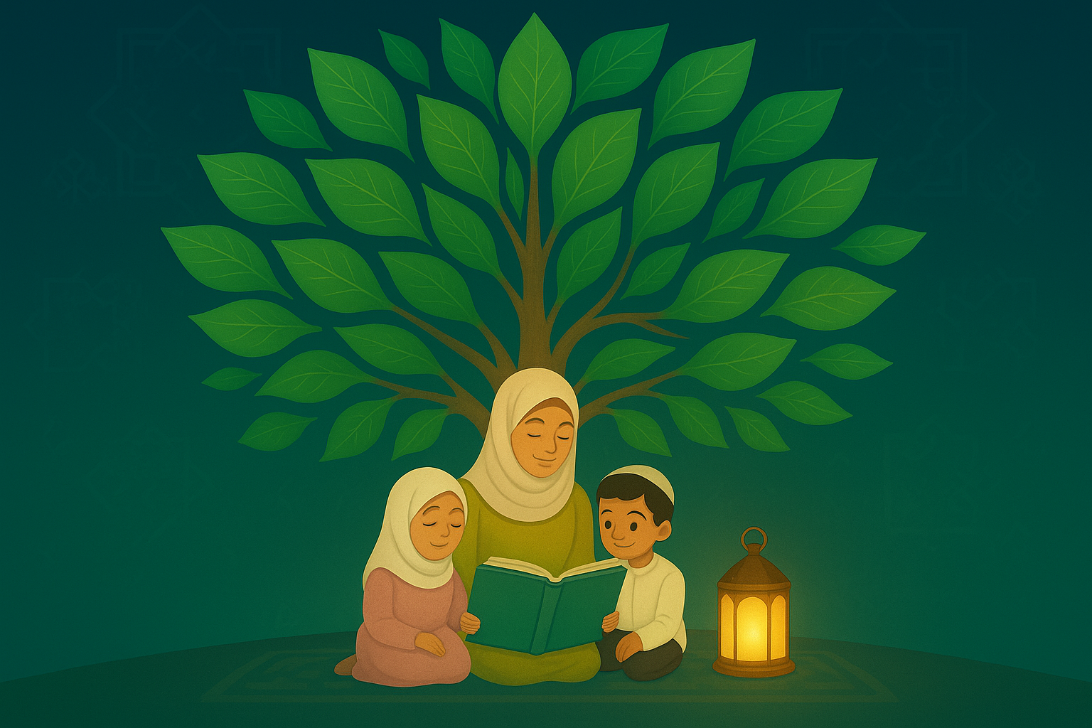 Cartoon illustration of a Muslim mother reading a book to her smiling son and daughter under a large tree full of green leaves, with a glowing lantern beside them. The scene symbolizes faith, family, and the growth of knowledge in Islam.
