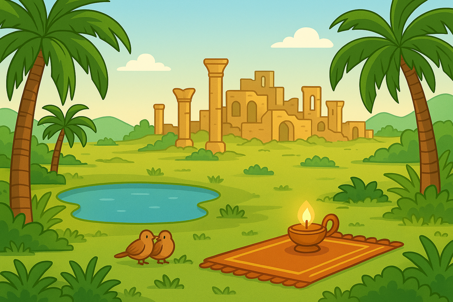 A peaceful oasis scene with clear blue sky, lush palm trees, and greenery in the foreground. A prayer mat with a shining clay lamp rests beside a pair of calm birds.
