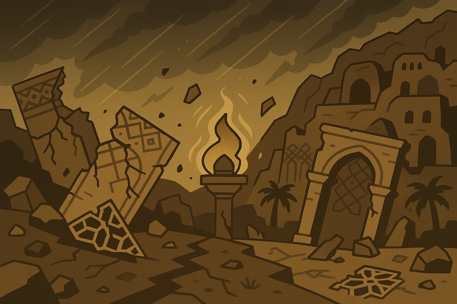 Crumbling desert architecture with cracked geometric patterns and falling debris representing the earthquake that destroyed the Thamud