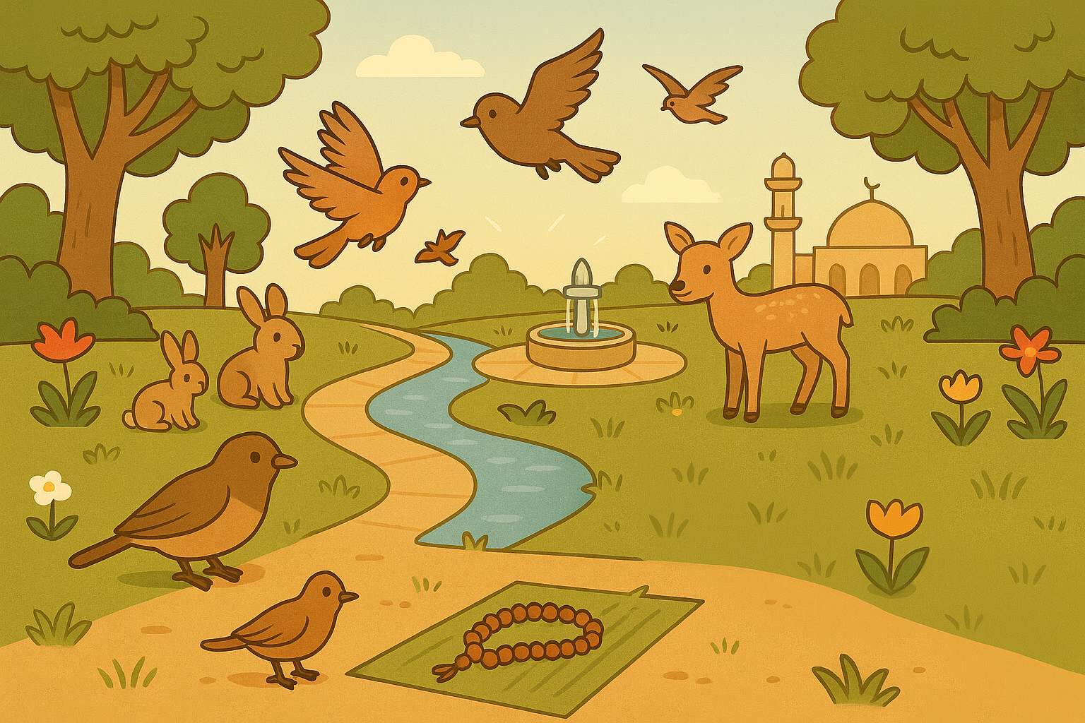 A peaceful nature scene with animals drinking from a stream, surrounded by flowers, trees, and Islamic garden elements