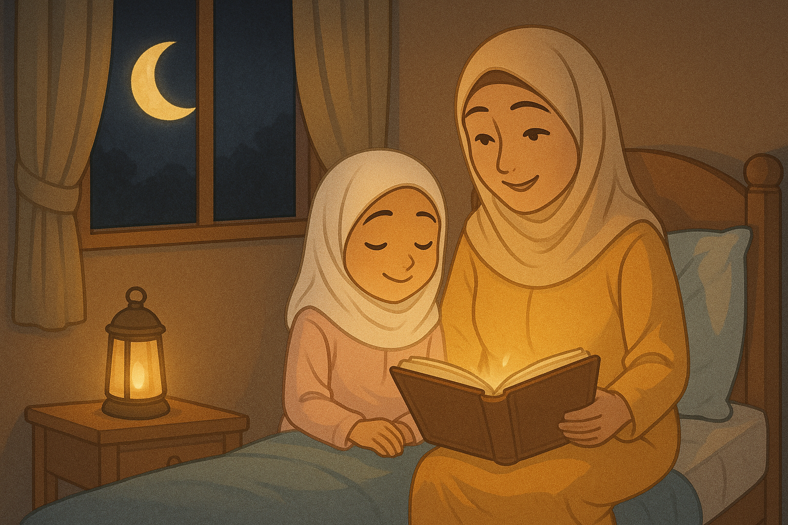 Cartoon illustration of a Muslim mother and daughter sitting on a bed at night, reading a glowing book together by lantern light. A crescent moon shines through the window, creating a warm, peaceful bedtime atmosphere filled with love and faith.