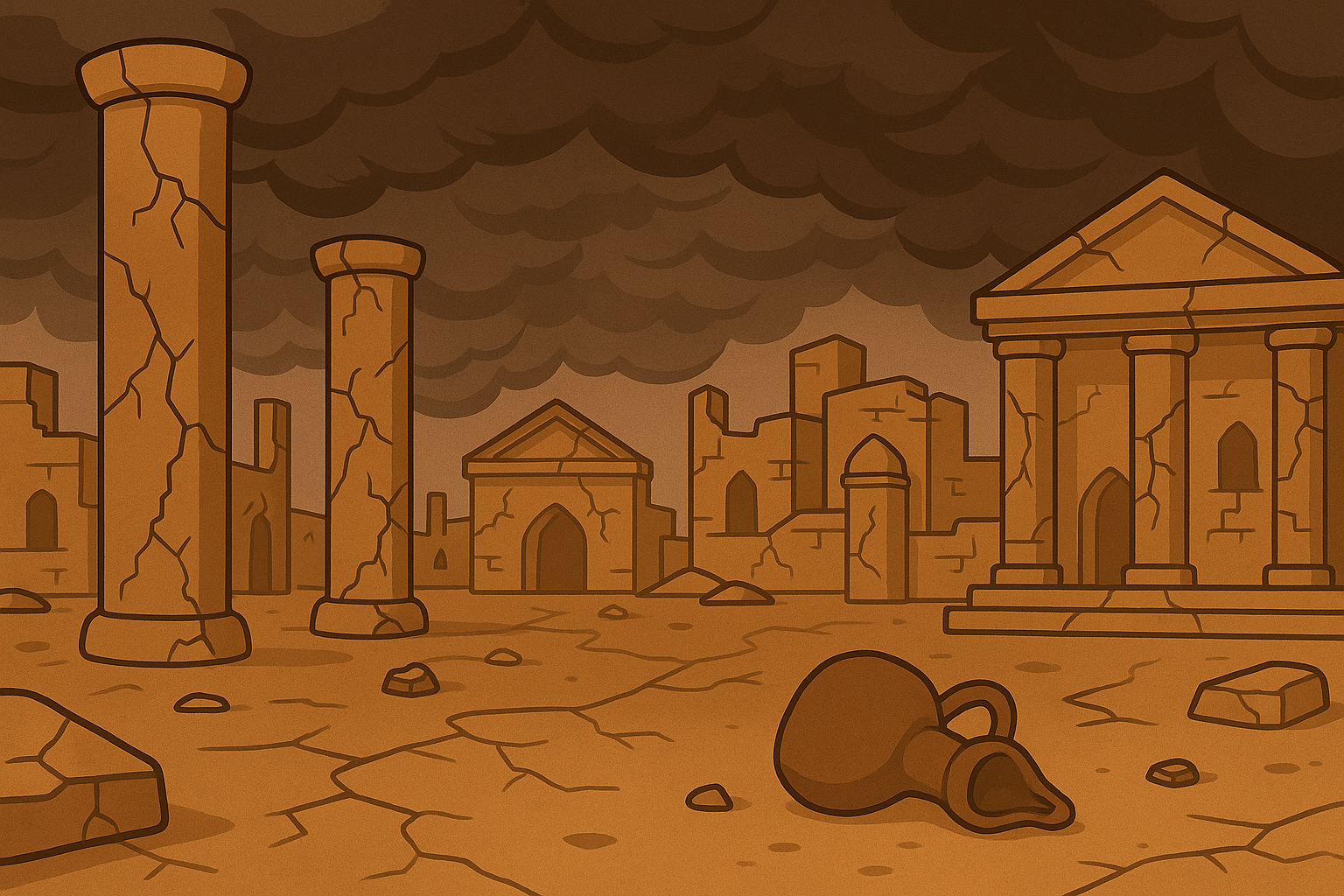 An illustrated scene of cracked stone pillars and crumbling ancient buildings under dark, swirling storm clouds. Symbolizing the rejection of truth and the coming trouble for the people of 'Ad.
