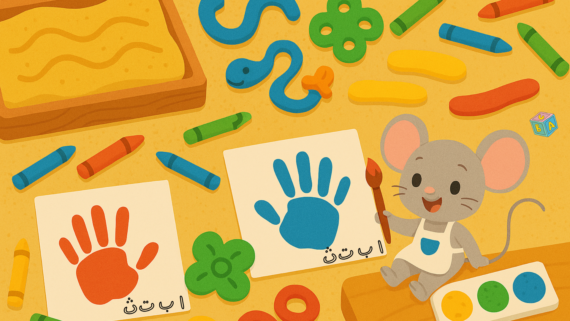 Cute cartoon mouse doing hands-on crafts with colorful playdough, finger paints, crayons, and handprint art for sensory Arabic learning activities