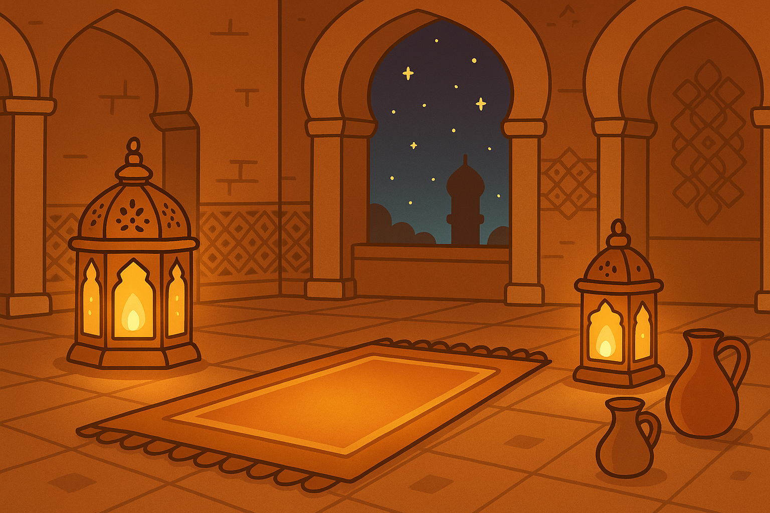 Peaceful mosque interior at night with glowing prayer mat, ornate lanterns, and warm golden lighting