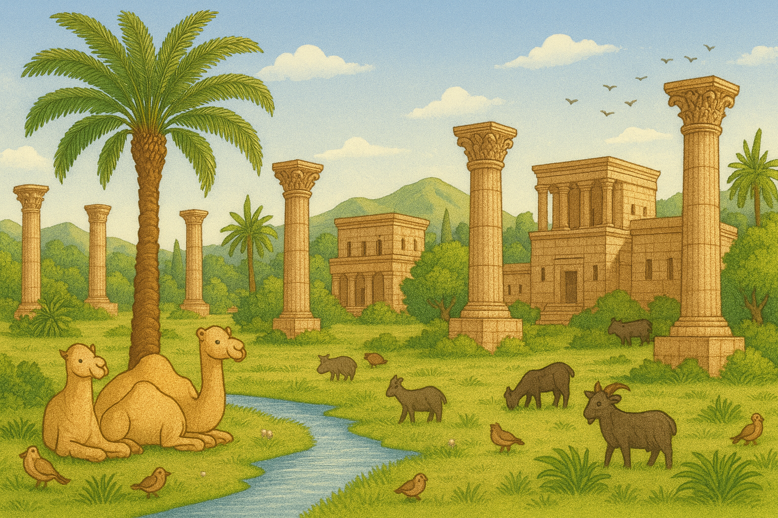 An illustrated scene showing majestic stone pillars and grand ancient buildings surrounded by green fields and a flowing stream. Camels rest near a palm tree while goats and birds peacefully graze and gather, symbolizing the prosperity and comfort enjoyed by the people of 'Ad.
