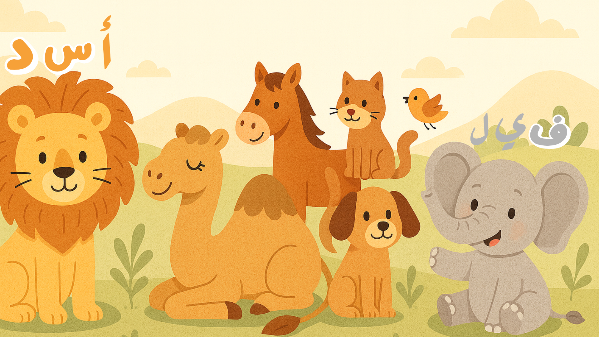 Cute cartoon animals including a lion, camel, horse, cat, dog, and elephant standing together in a warm-colored illustration for Arabic alphabet learning