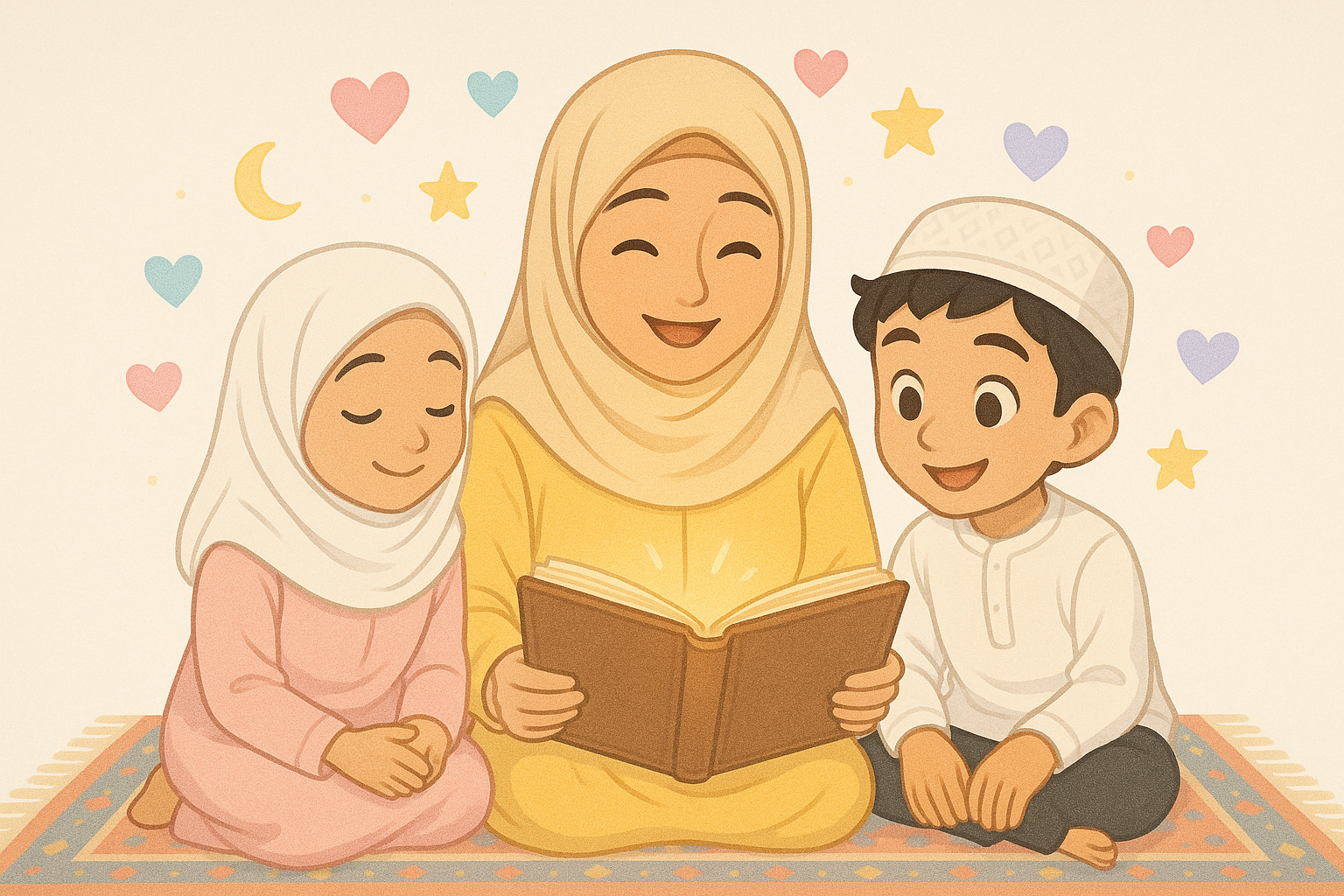 Cartoon illustration of a Muslim mother in a hijab reading a book to her smiling son and daughter sitting beside her on a prayer rug. Warm hearts, stars, and moons decorate the background, symbolizing love, family, and faith-filled learning.