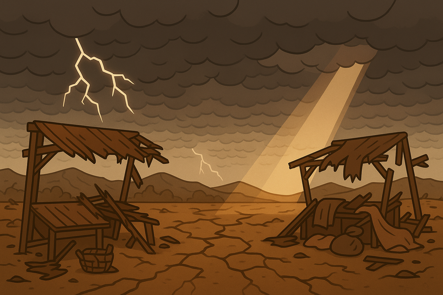 Animated desert landscape after a storm with broken market stalls, cracked ground, and a beam of sunlight through clouds symbolizing divine justice and hope.
