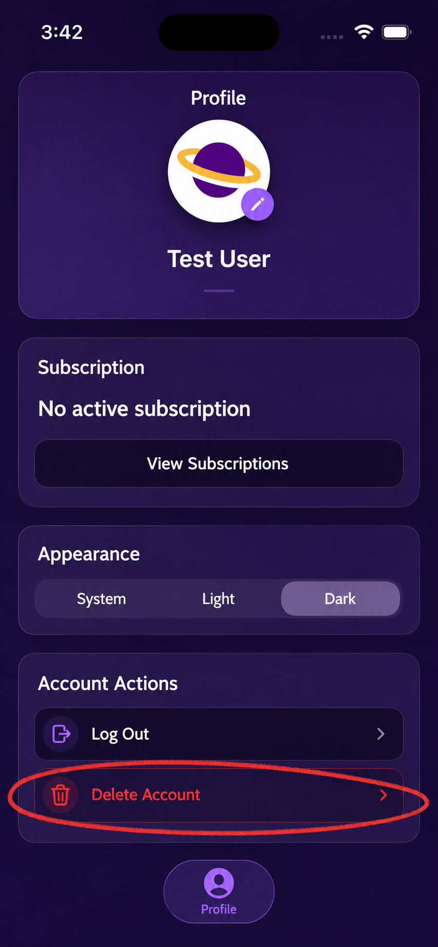 Islamic Galaxy mobile app profile screen showing the Delete Account button at the bottom of the Account Actions section.